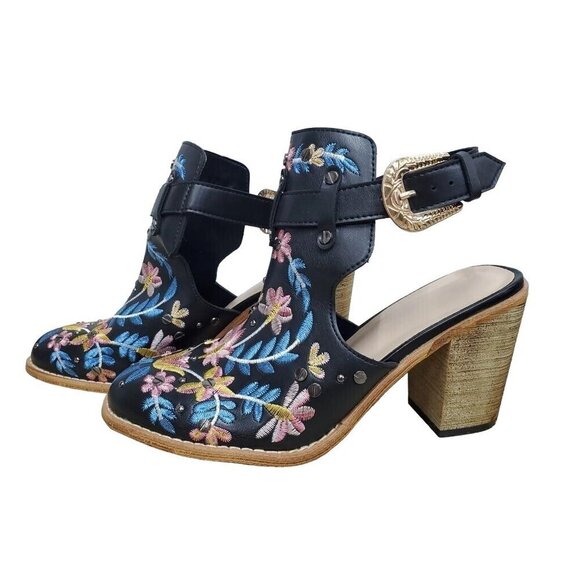 Floral Embroidered Buckle Embellished Leather Heeled Mules Clogs size 8 - Picture 3 of 4